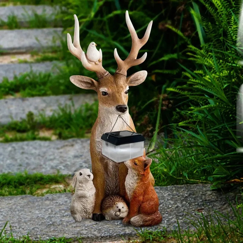 Charming solar-powered animal figurine with LED lights, designed for outdoor and garden decor. Absorbs sunlight during the day and emits a warm glow at night, adding a magical touch to any space