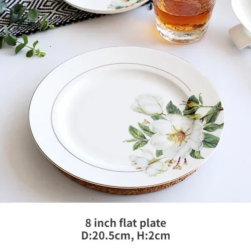 A set of bone dinnerware comprising dinner plates, salad plates, bowls, and cups, all crafted from high-quality porcelain infused with bone ash. Renowned for its exceptional whiteness, translucency, and strength, bone china offers a luxurious feel and elegant appearance. This timeless collection is perfect for enhancing both everyday meals and special occasions