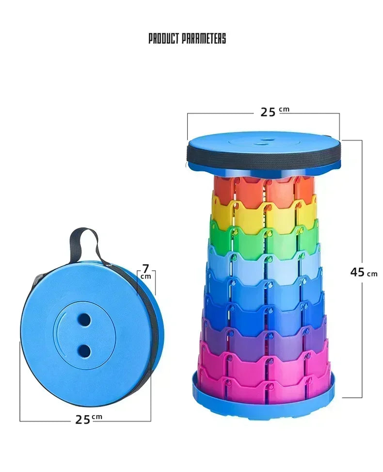 A portable round folding chair featuring a lightweight, collapsible frame and a circular seat, designed for easy transport and storage. Ideal for camping, outdoor events, or additional seating needs, this chair offers convenience and comfort with its compact design and sturdy construction.