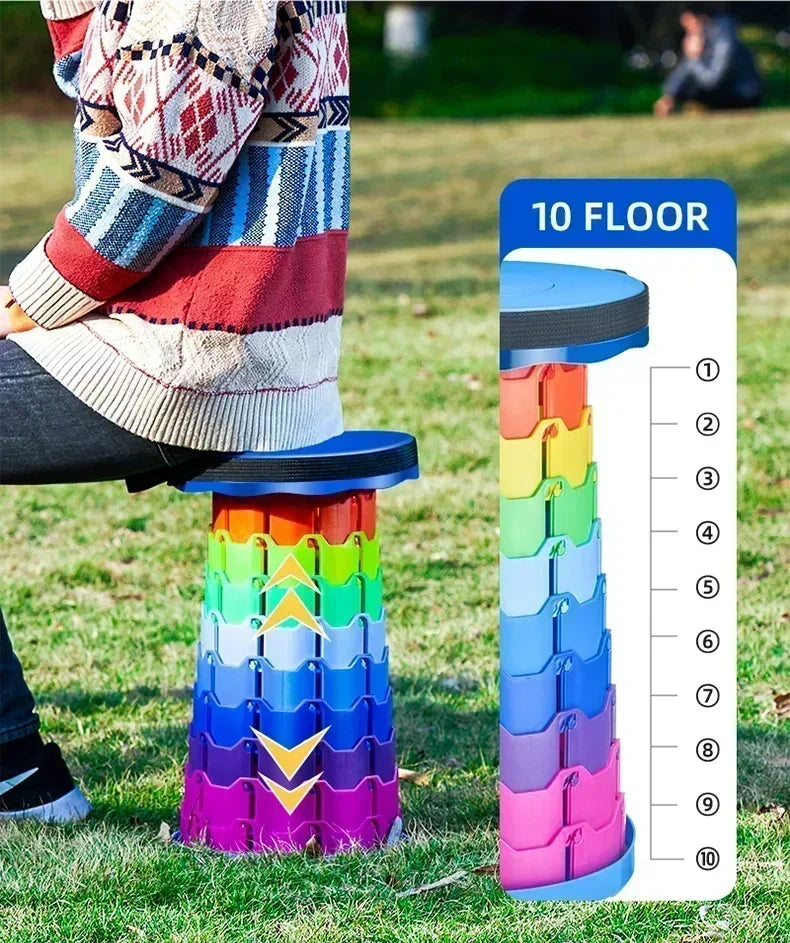 A portable round folding chair featuring a lightweight, collapsible frame and a circular seat, designed for easy transport and storage. Ideal for camping, outdoor events, or additional seating needs, this chair offers convenience and comfort with its compact design and sturdy construction.