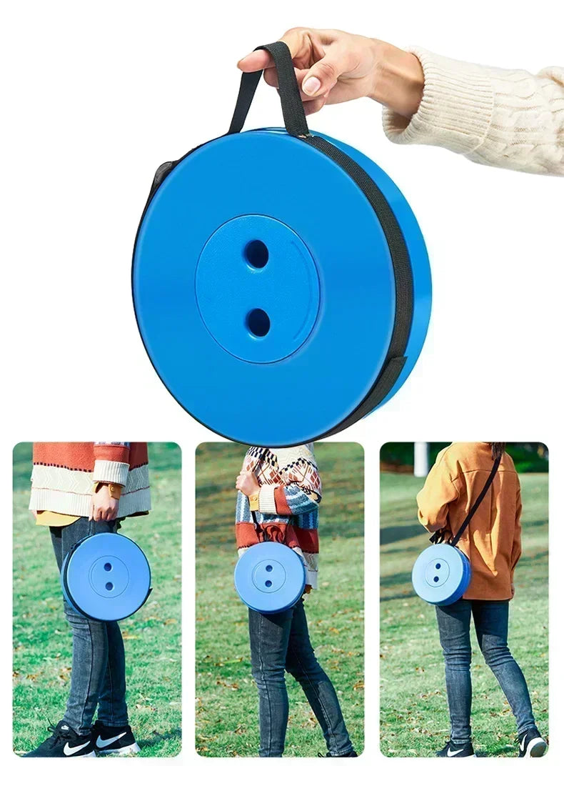 A portable round folding chair featuring a lightweight, collapsible frame and a circular seat, designed for easy transport and storage. Ideal for camping, outdoor events, or additional seating needs, this chair offers convenience and comfort with its compact design and sturdy construction.