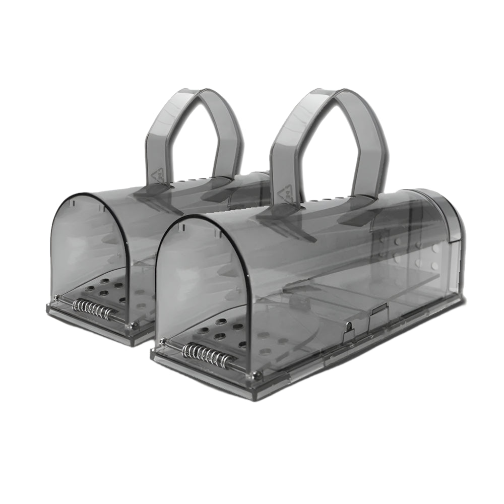 A humane mouse trap designed to safely capture and release mice without harm. The transparent plastic construction allows for easy monitoring, and ventilation holes ensure the mouse's well-being until release