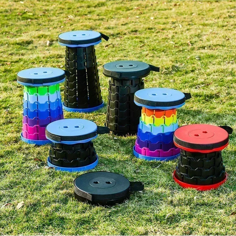 A portable round folding chair featuring a lightweight, collapsible frame and a circular seat, designed for easy transport and storage. Ideal for camping, outdoor events, or additional seating needs, this chair offers convenience and comfort with its compact design and sturdy construction.