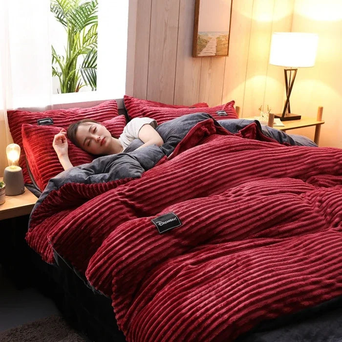 A 3-piece bedding set comprising a comforter and two pillowcases, designed to enhance your bedroom's aesthetic. Available in various patterns and materials, these sets cater to diverse preferences and are available in multiple sizes to fit different bed dimensions