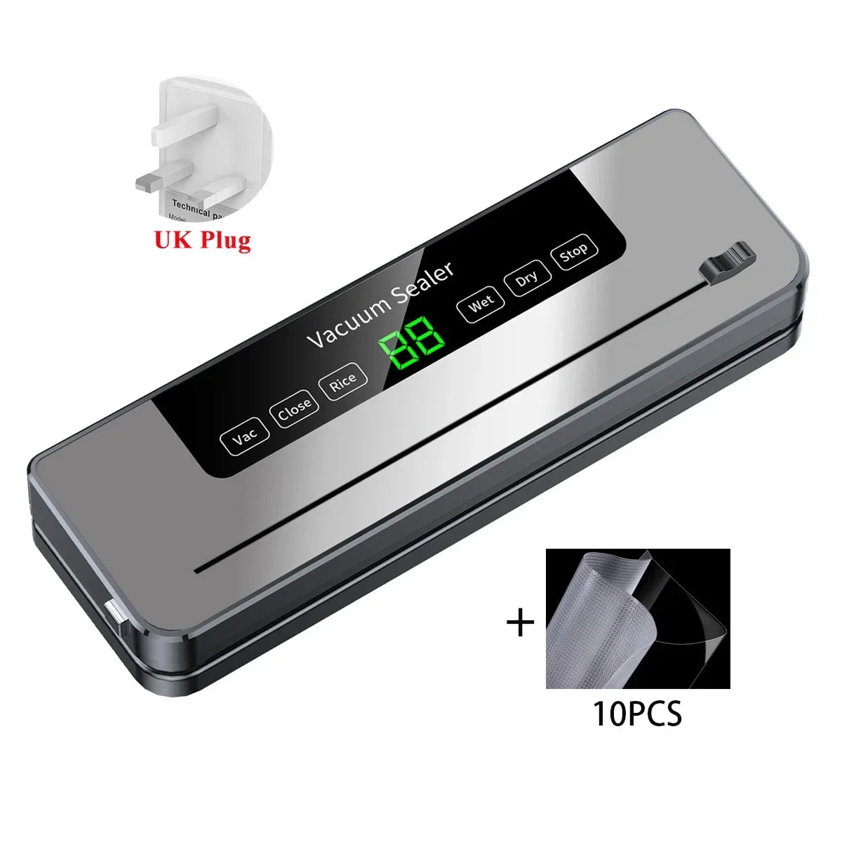 Szuk Electric Vacuum Sealer with 30cm sealing length, 65Kpa suction power, and a built-in cutter. Features smart touch display, multiple sealing modes for dry and moist foods, and includes 10 vacuum sealing bags. Ideal for food preservation and freshness