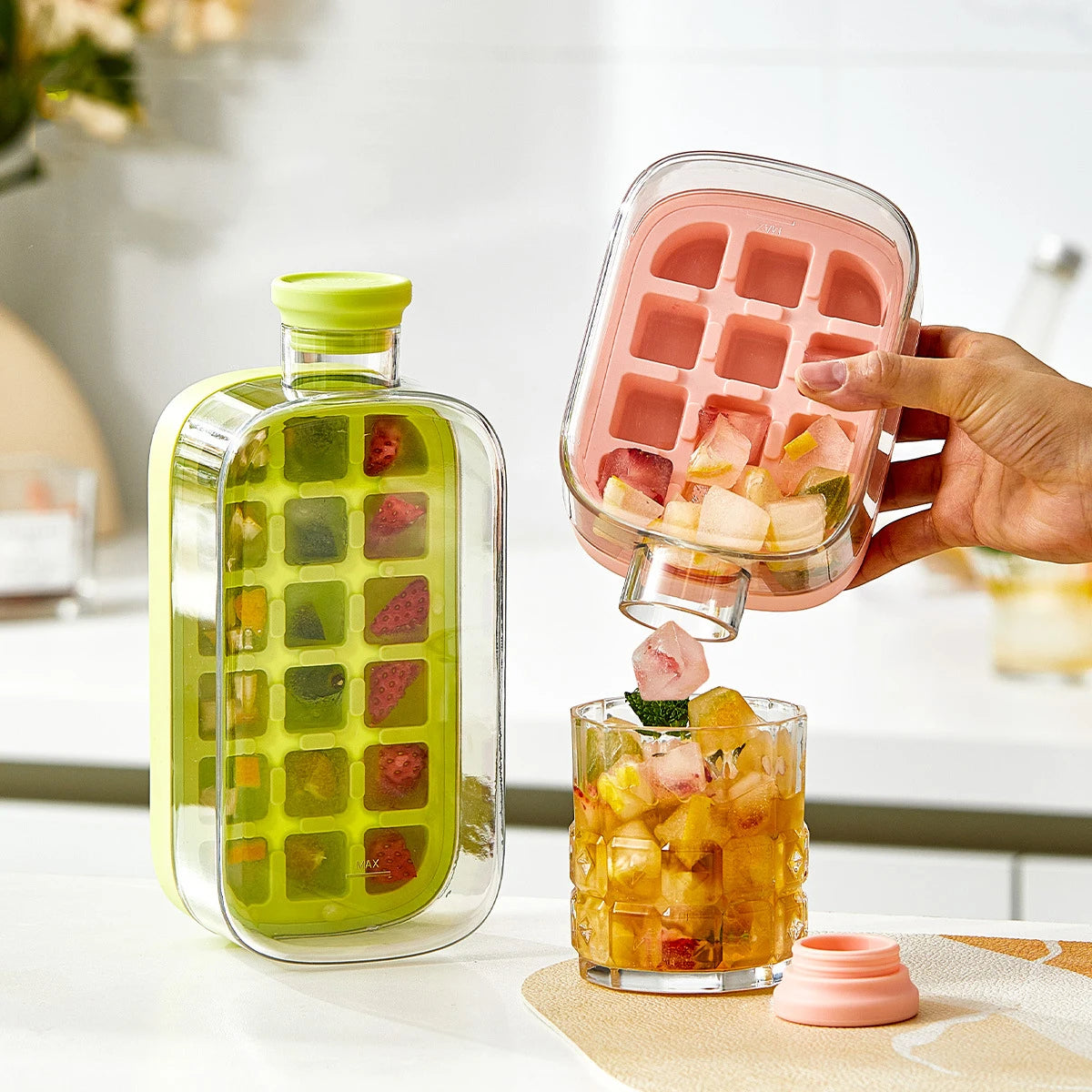 A stackable ice cube tray with a secure lid, designed for easy filling and spill-free storage, ensuring fresh and odor-free ice cubes.