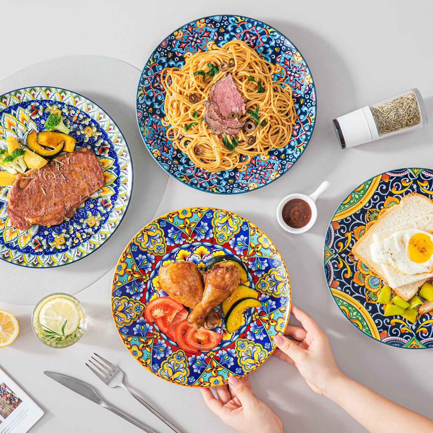 A beautiful ceramic dinnerware set, featuring a matching collection of plates, bowls, and cups with a smooth, glossy finish and elegant design. Perfect for both everyday dining and special occasions.