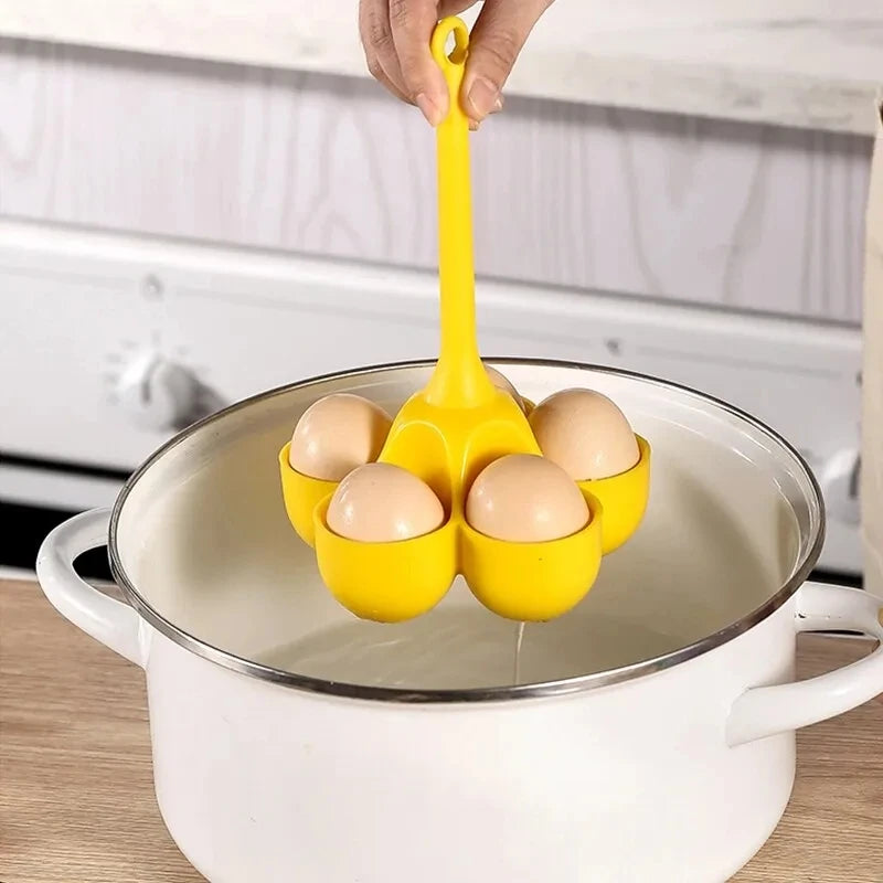 Silicone egg mold featuring five cavities, each shaped to create realistic egg-shaped treats, made from 100% food-grade silicone, suitable for temperatures ranging from -40°C to +200°C, ideal for both freezer and oven use