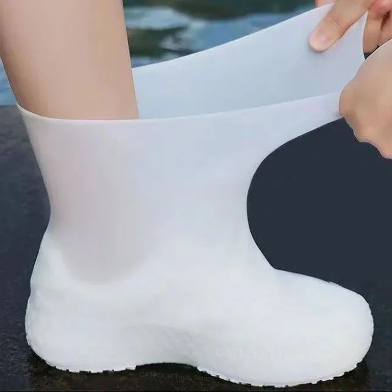 Reusable waterproof shoe covers made from durable, flexible silicone, designed to fit over various shoe sizes; feature non-slip soles for enhanced safety; easy to clean and store; ideal for protecting shoes from water, mud, and debris during outdoor activities