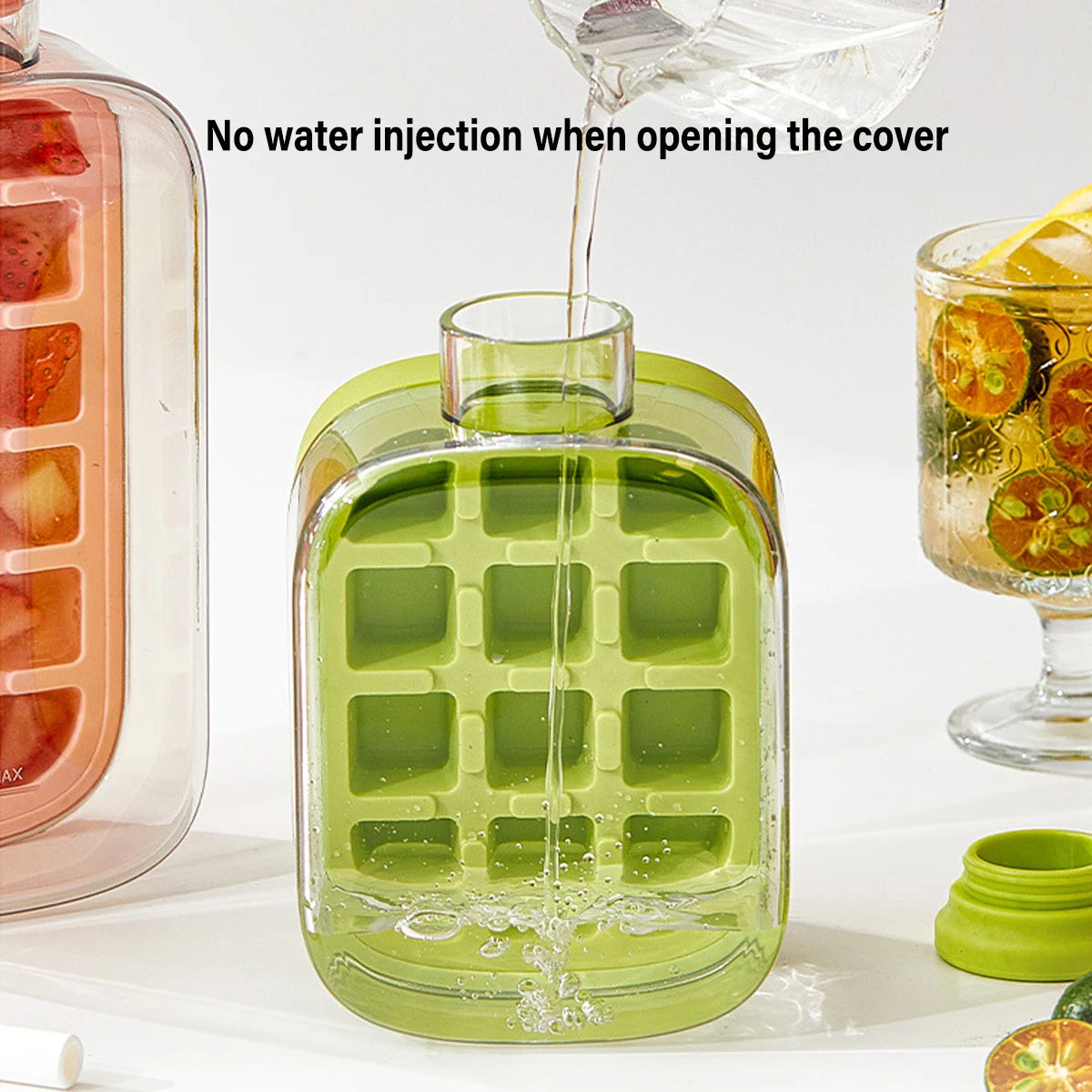 A stackable ice cube tray with a secure lid, designed for easy filling and spill-free storage, ensuring fresh and odor-free ice cubes.