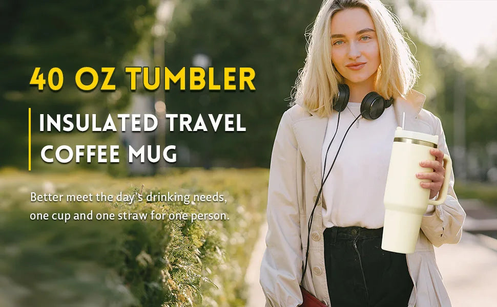 40oz stainless steel insulated tumbler with handle, featuring double-wall vacuum insulation to keep drinks hot or cold for hours. Includes a lid and straw, designed for on-the-go use and fits most car cup holders.