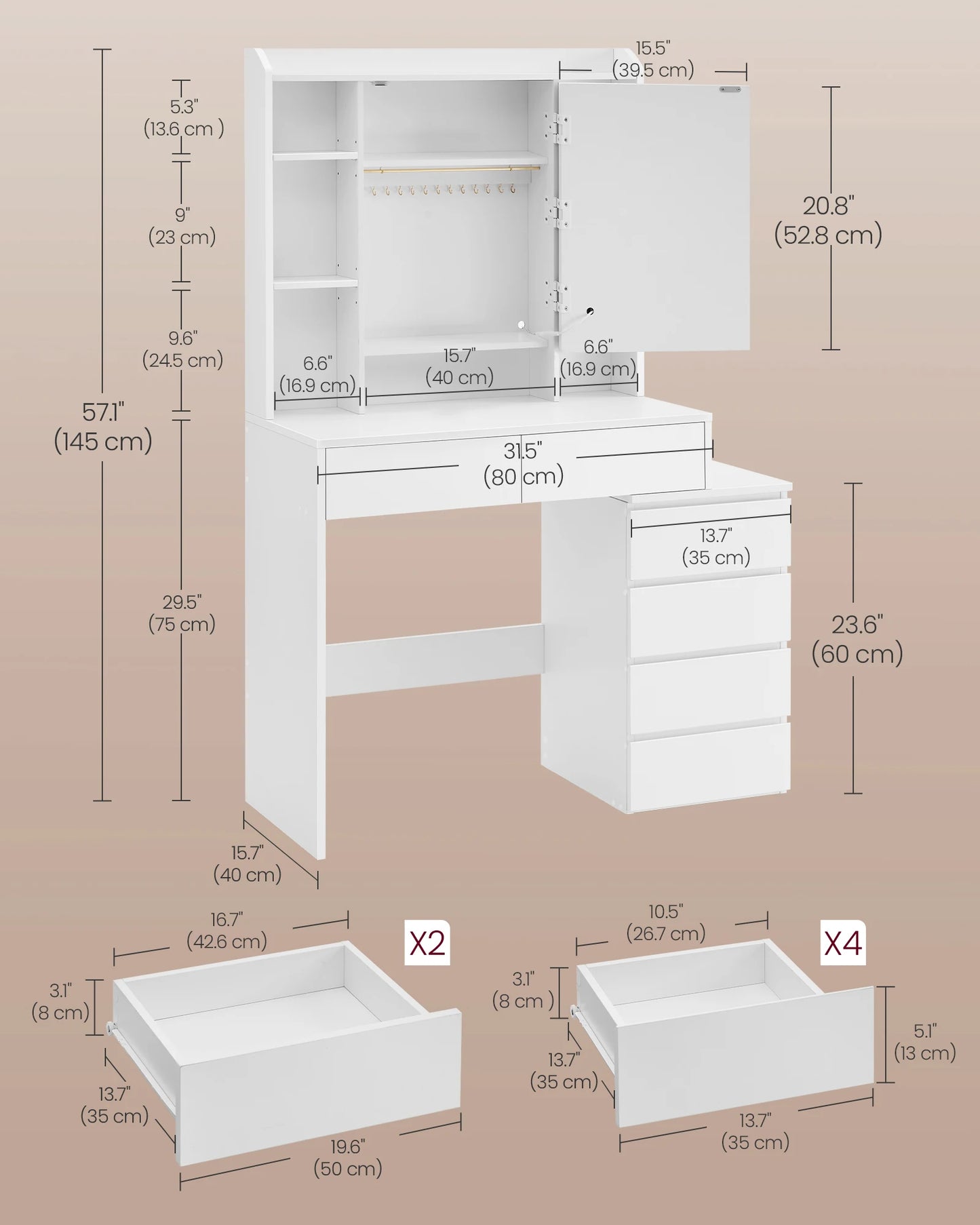 A modern vanity table featuring a sleek design, equipped with a built-in LED-lit mirror offering adjustable brightness settings. The table includes multiple drawers and shelves for organized storage of cosmetics and accessories, complemented by a smooth tabletop for a stylish and functional addition to any bedroom or dressing area.