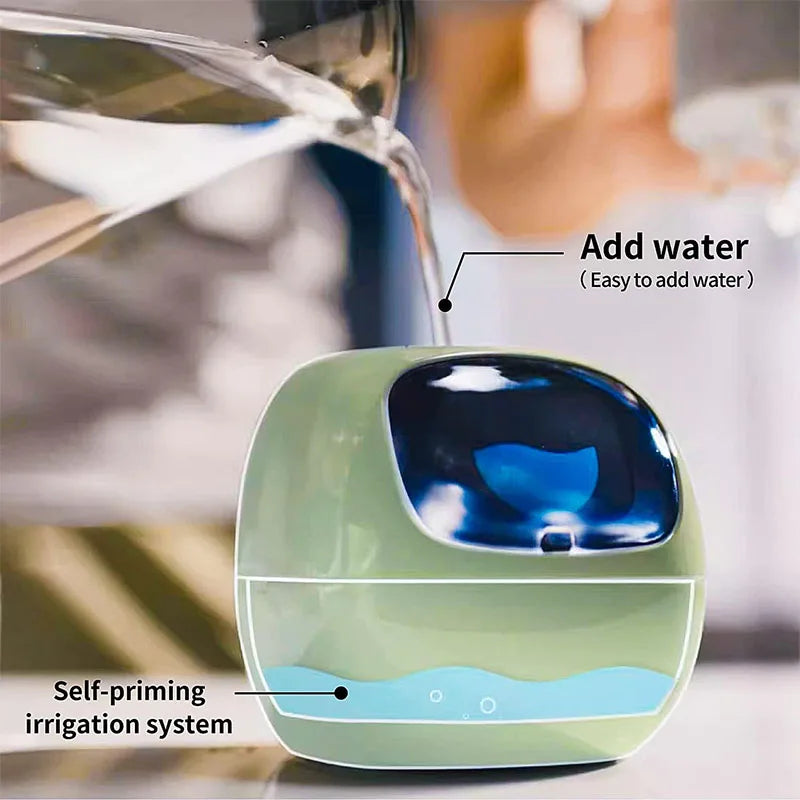 A smart flowerpot equipped with artificial intelligence, featuring sensors to monitor soil moisture, temperature, and light levels; includes a digital display that shows expressive animations based on the plant's environment and health, enhancing the indoor gardening experience.
