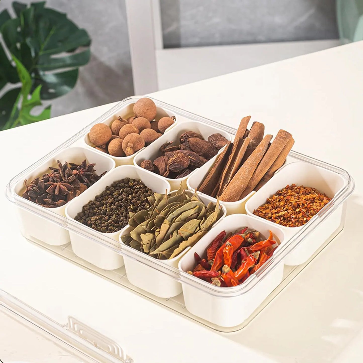 A divided serving tray storage box featuring multiple compartments, a secure lid, and a handle for easy portability; ideal for organizing and transporting snacks, fruits, nuts, or appetizers during events, picnics, or daily use