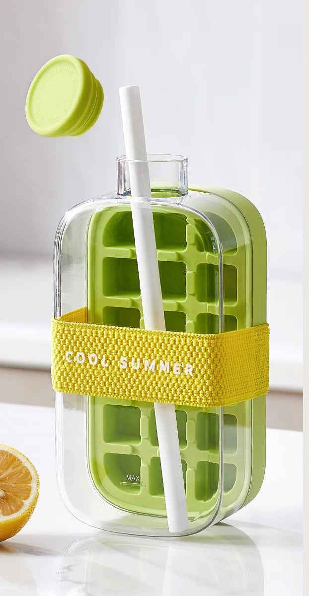 A stackable ice cube tray with a secure lid, designed for easy filling and spill-free storage, ensuring fresh and odor-free ice cubes.