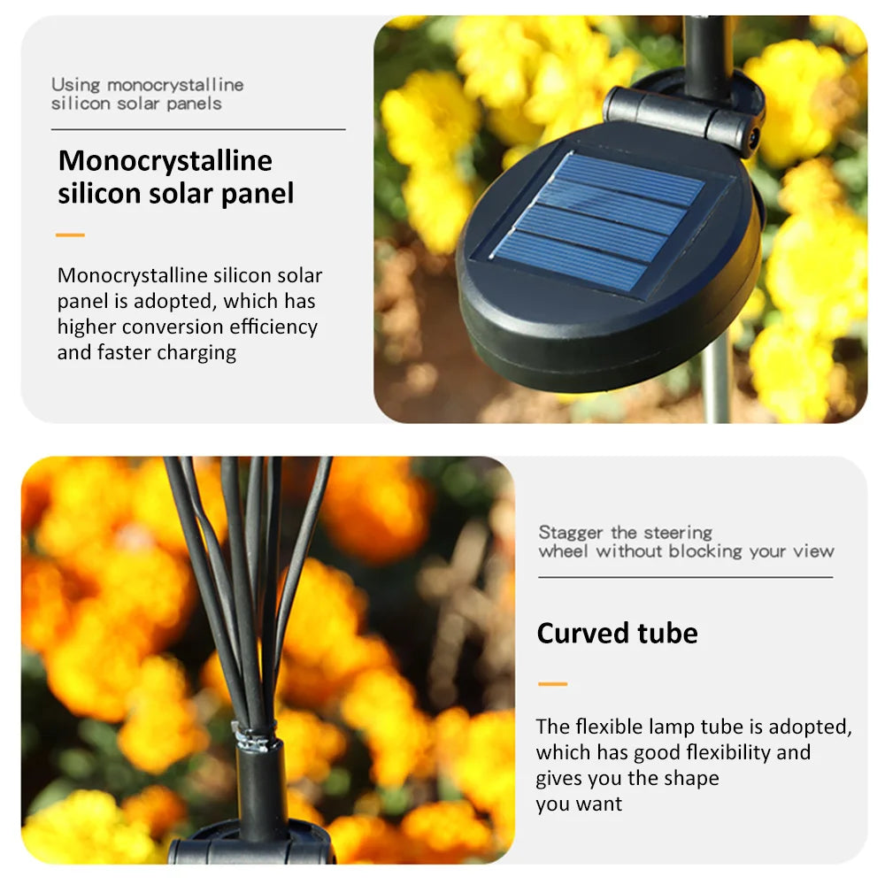 A collection of solar-powered garden lights illuminating a pathway at dusk. The lights, designed in various styles such as lanterns, stakes, and string lights, harness sunlight during the day and emit a warm, inviting glow in the evening, enhancing the ambiance of the outdoor space