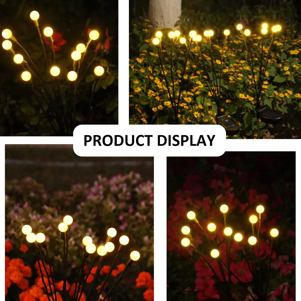 A collection of solar-powered garden lights illuminating a pathway at dusk. The lights, designed in various styles such as lanterns, stakes, and string lights, harness sunlight during the day and emit a warm, inviting glow in the evening, enhancing the ambiance of the outdoor space