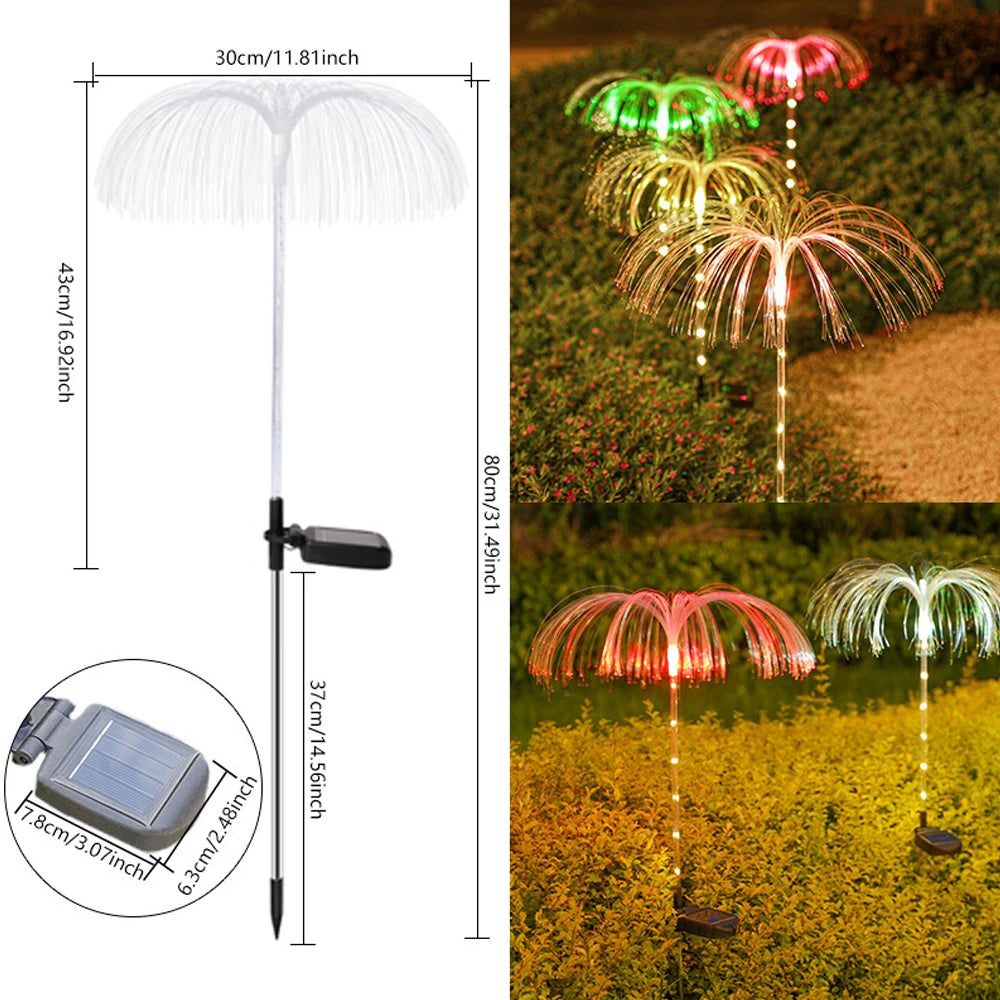 A solar-powered fiber optic lamp featuring multi-color illumination. The lamp harnesses sunlight during the day to power vibrant, color-changing fiber optic strands at night, creating a mesmerizing display suitable for gardens, patios, or outdoor pathways.
