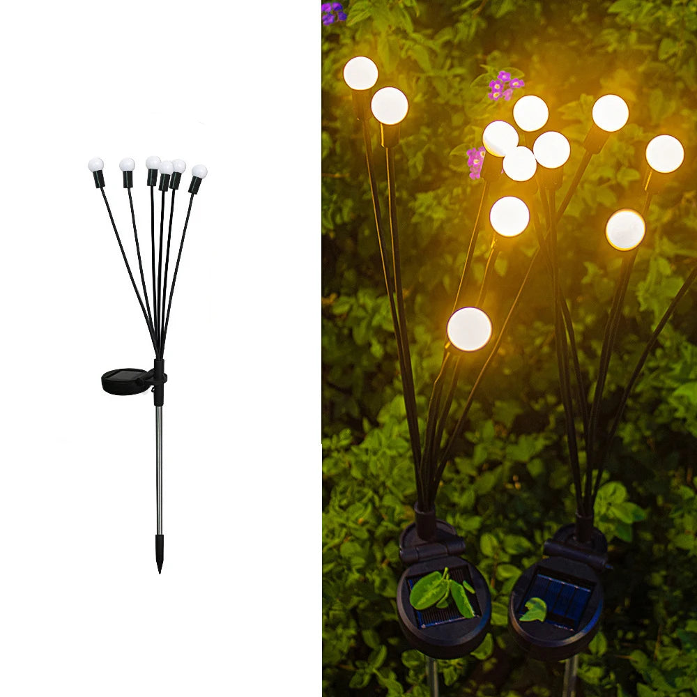 A collection of solar-powered garden lights illuminating a pathway at dusk. The lights, designed in various styles such as lanterns, stakes, and string lights, harness sunlight during the day and emit a warm, inviting glow in the evening, enhancing the ambiance of the outdoor space