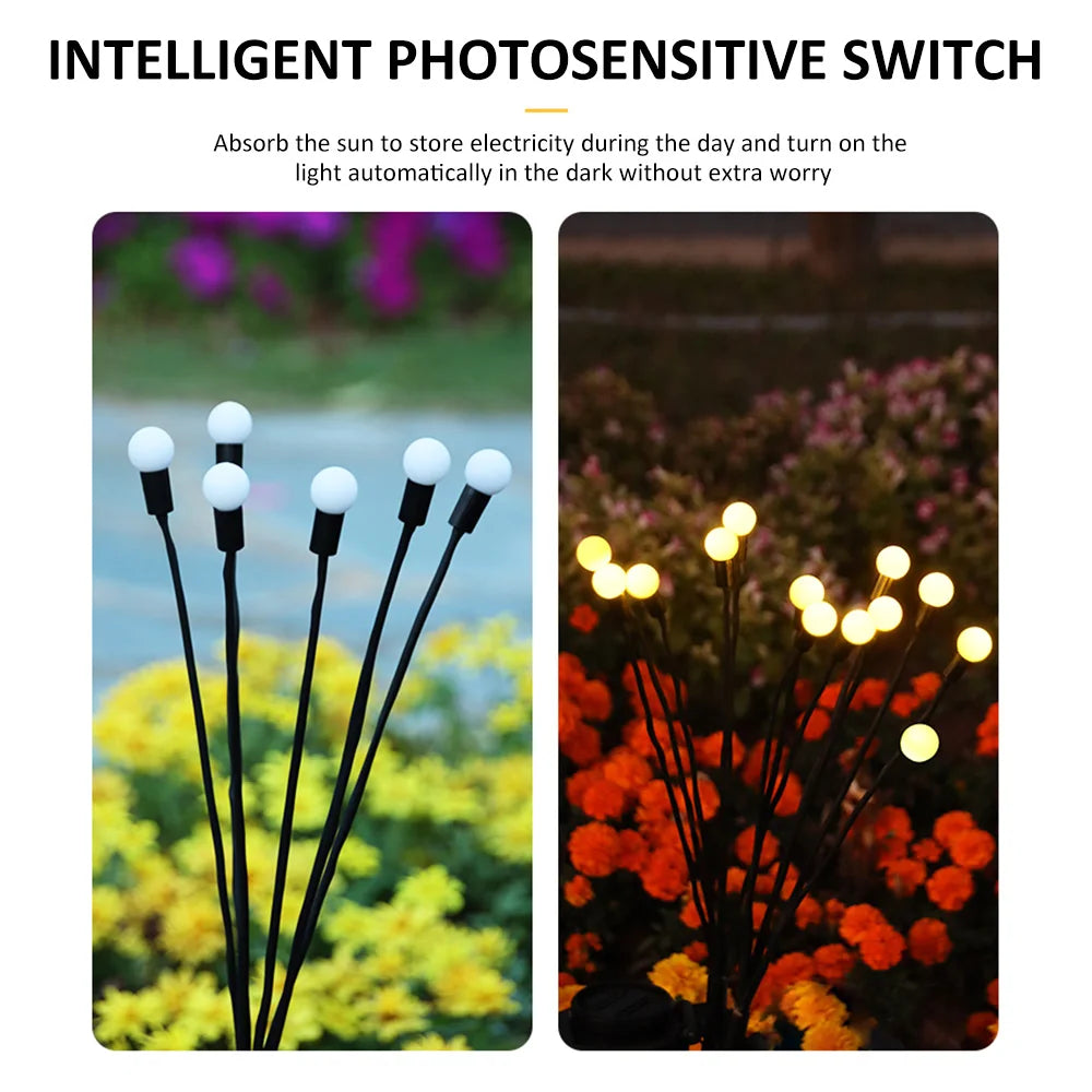 A collection of solar-powered garden lights illuminating a pathway at dusk. The lights, designed in various styles such as lanterns, stakes, and string lights, harness sunlight during the day and emit a warm, inviting glow in the evening, enhancing the ambiance of the outdoor space