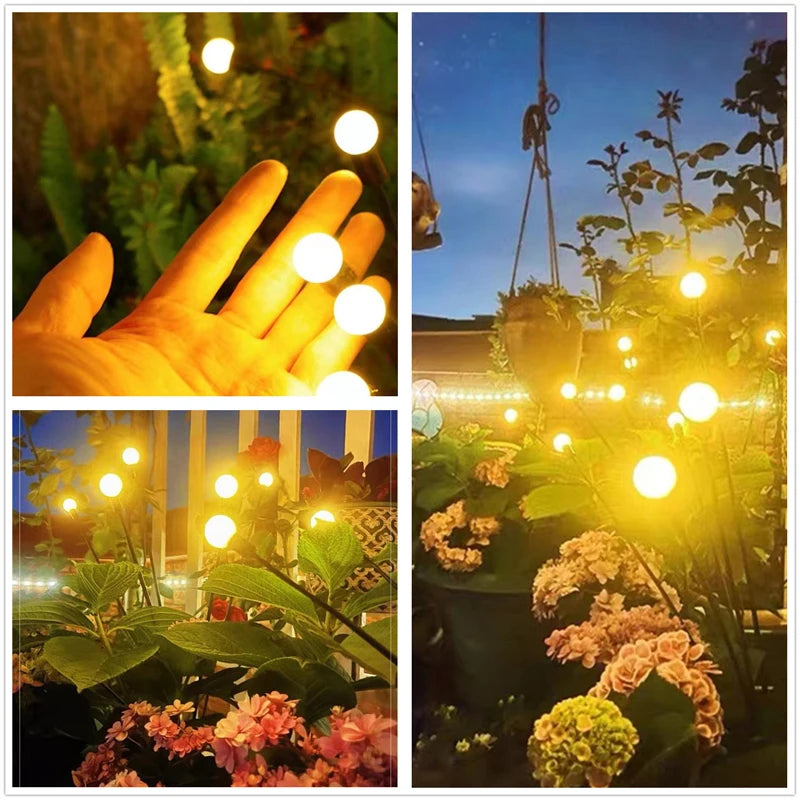 A collection of solar-powered garden lights illuminating a pathway at dusk. The lights, designed in various styles such as lanterns, stakes, and string lights, harness sunlight during the day and emit a warm, inviting glow in the evening, enhancing the ambiance of the outdoor space