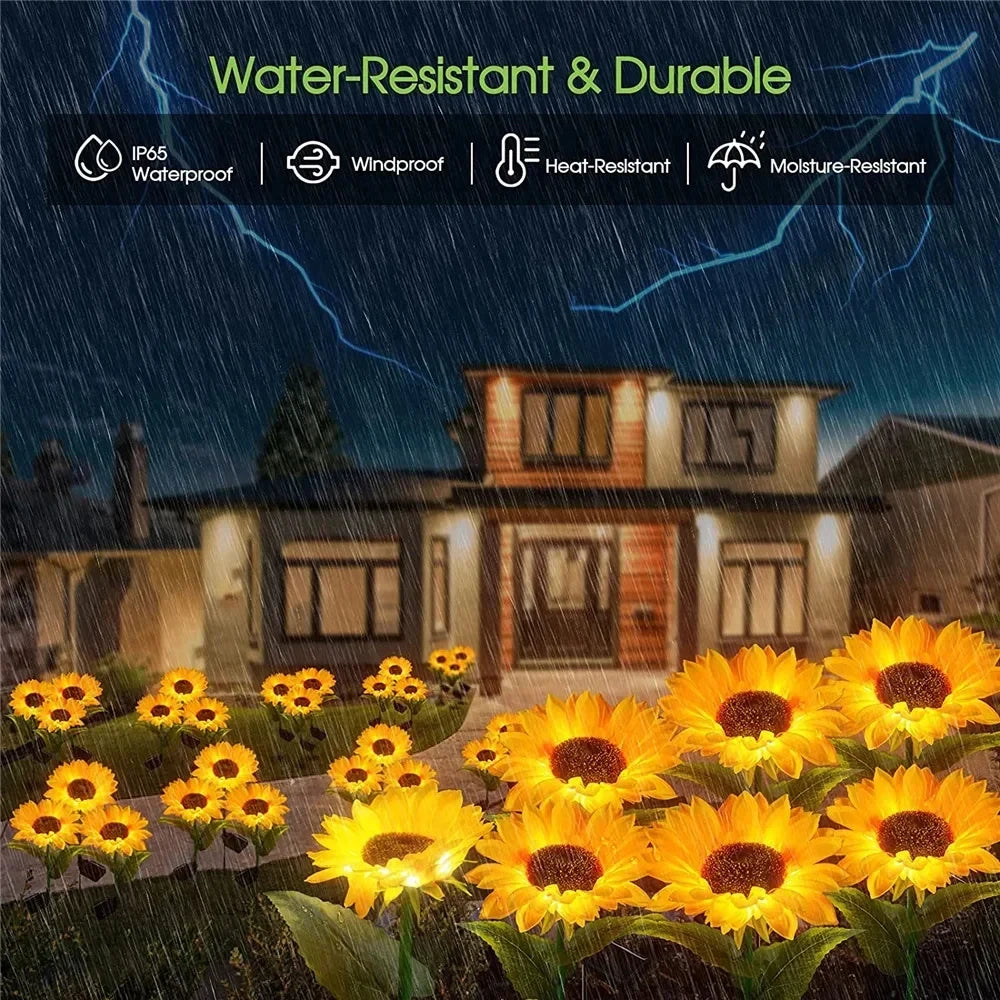 Solar-powered LED lights designed to resemble sunflowers, featuring realistic petals and leaves. These decorative lights harness sunlight during the day to illuminate gardens, pathways, or patios at night, adding a charming and eco-friendly touch to outdoor spaces