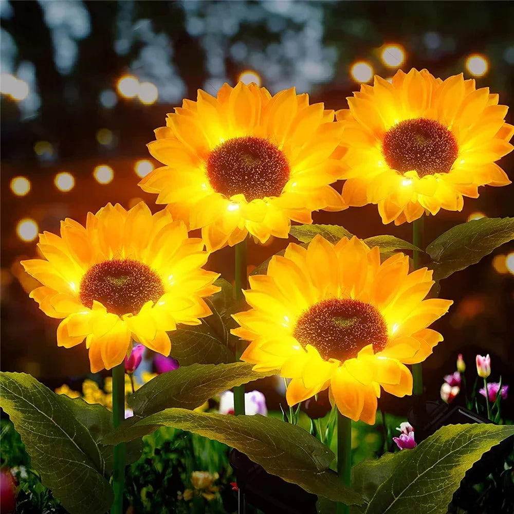Solar-powered LED lights designed to resemble sunflowers, featuring realistic petals and leaves. These decorative lights harness sunlight during the day to illuminate gardens, pathways, or patios at night, adding a charming and eco-friendly touch to outdoor spaces