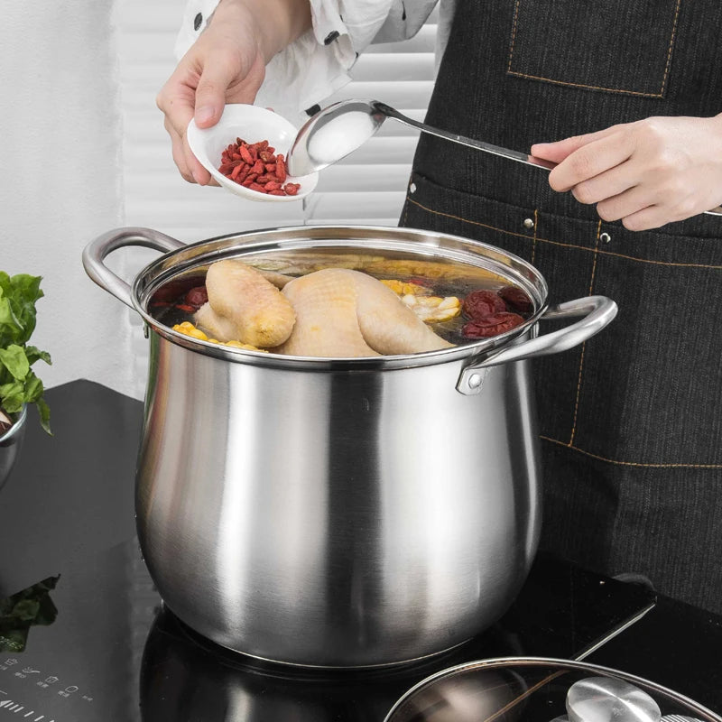 A stainless steel soup pot is a durable and versatile kitchen essential, ideal for preparing soups, stews, and stocks. Its non-reactive surface ensures that flavors remain pure, and its sturdy construction provides even heat distribution.