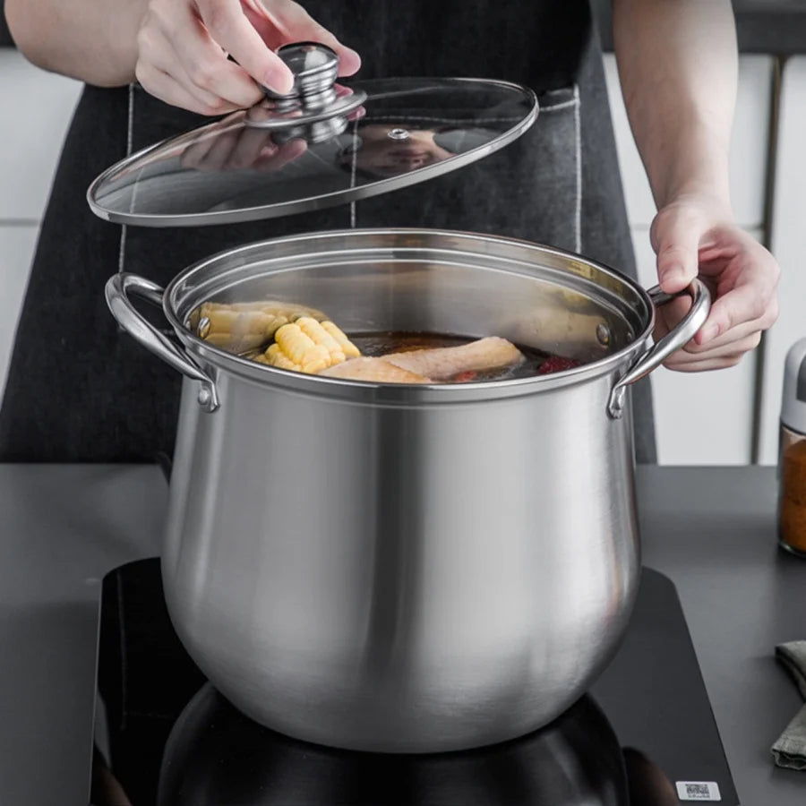 A stainless steel soup pot is a durable and versatile kitchen essential, ideal for preparing soups, stews, and stocks. Its non-reactive surface ensures that flavors remain pure, and its sturdy construction provides even heat distribution.