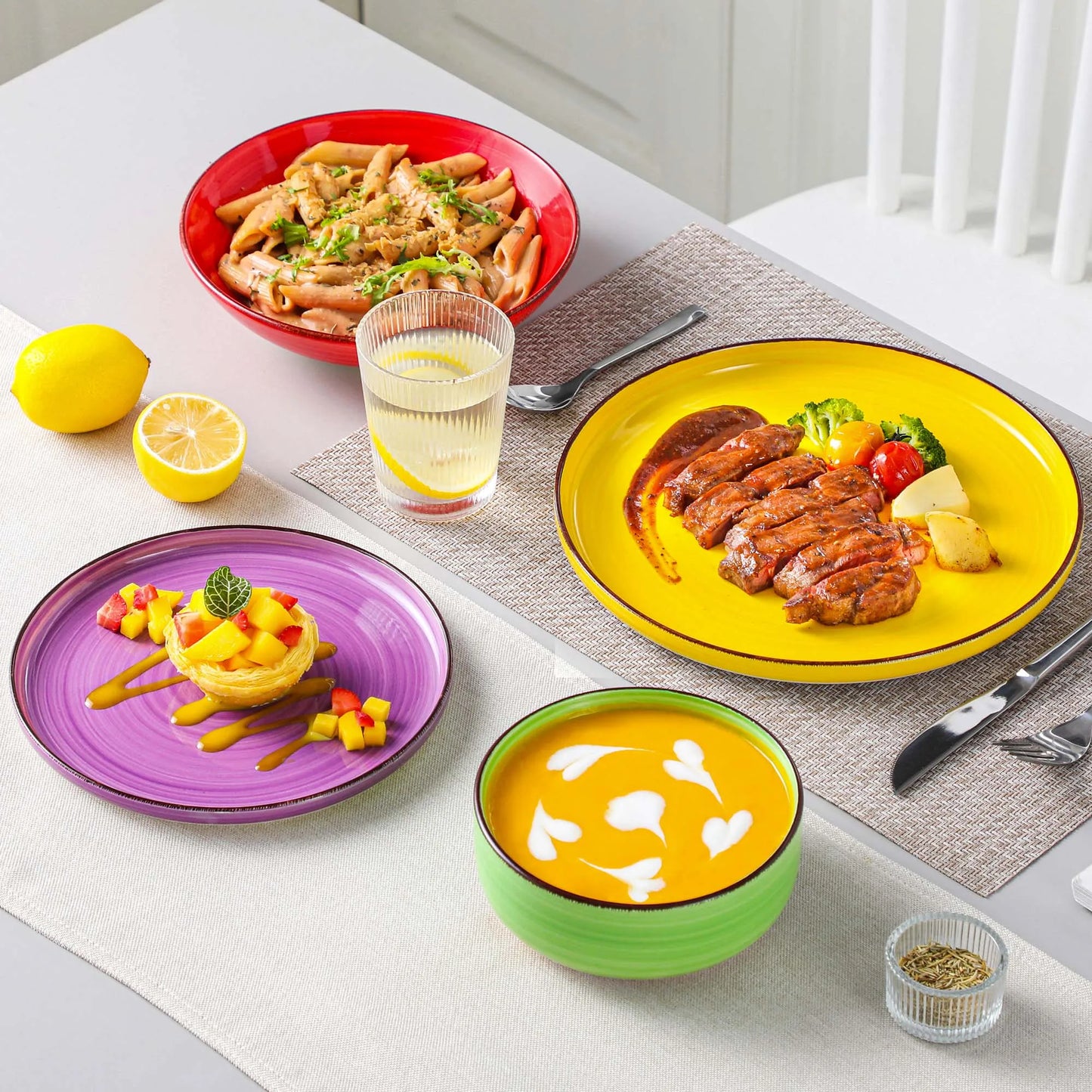 A multicolor ceramic plate set is a collection of dining plates crafted from high-quality ceramic material, featuring a variety of vibrant colors and patterns. These sets are designed to add a touch of elegance and liveliness to your dining experience, making them perfect for both everyday use and special occasions