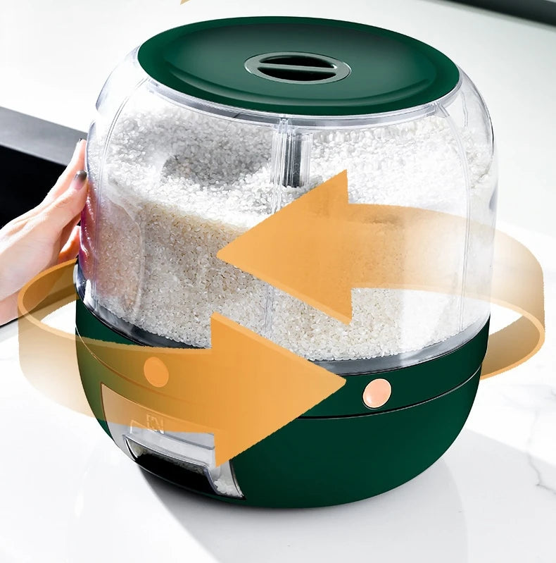 A 360-degree rotating rice dispenser featuring multiple compartments for organized storage of various grains. Its transparent design allows for easy monitoring of contents, while the rotating mechanism provides convenient access to each compartment, making it a practical addition to any kitchen.