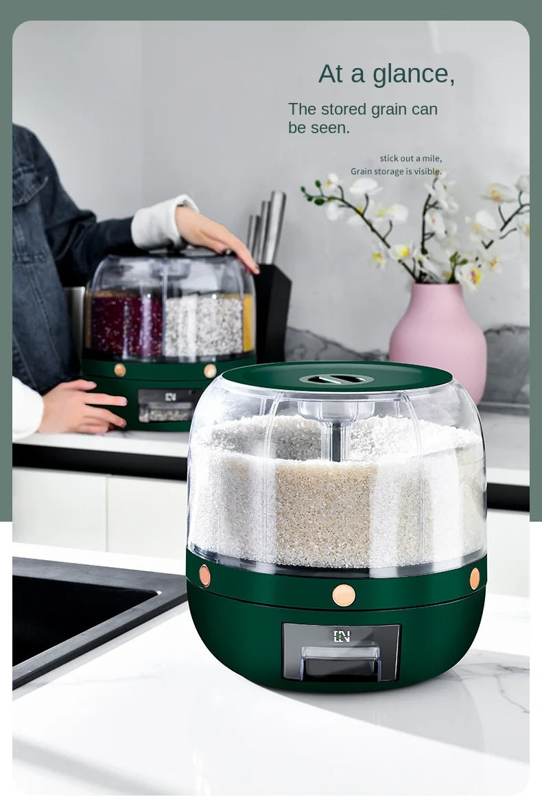A 360-degree rotating rice dispenser featuring multiple compartments for organized storage of various grains. Its transparent design allows for easy monitoring of contents, while the rotating mechanism provides convenient access to each compartment, making it a practical addition to any kitchen.