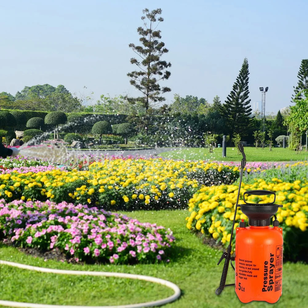 A hand-operated pressure sprayer designed to dispense air or liquid in a controlled spray, commonly used for applying pesticides, fertilizers, or cleaning solutions. The device consists of a pressurized chamber with a trigger-operated nozzle, allowing users to spray contents efficiently over targeted areas.