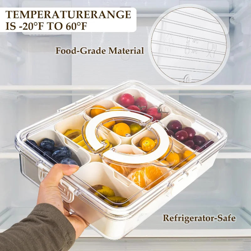 A divided serving tray storage box featuring multiple compartments, a secure lid, and a handle for easy portability; ideal for organizing and transporting snacks, fruits, nuts, or appetizers during events, picnics, or daily use