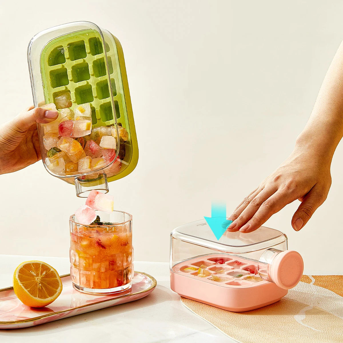 A stackable ice cube tray with a secure lid, designed for easy filling and spill-free storage, ensuring fresh and odor-free ice cubes.