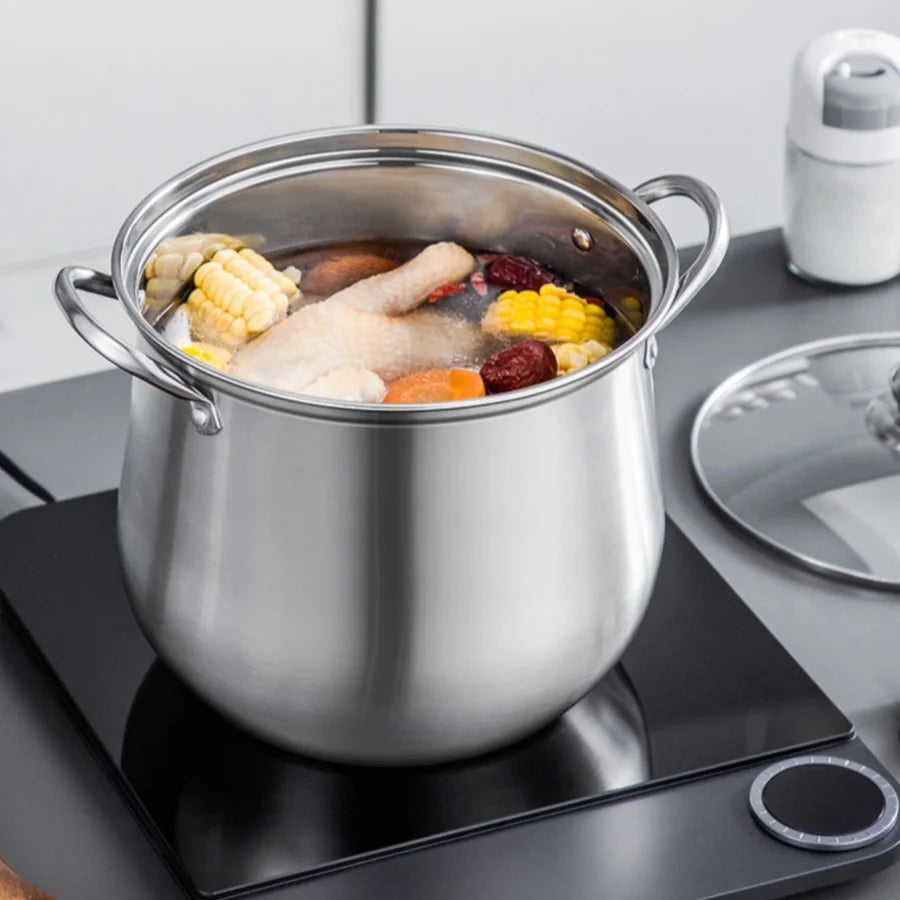 A stainless steel soup pot is a durable and versatile kitchen essential, ideal for preparing soups, stews, and stocks. Its non-reactive surface ensures that flavors remain pure, and its sturdy construction provides even heat distribution.