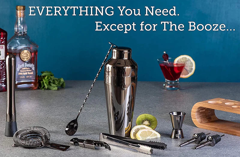 Complete cocktail bar set featuring essential tools like a shaker, jigger, strainer, muddler, and mixing spoon. Perfect for crafting professional-quality cocktails at home or in a bar.