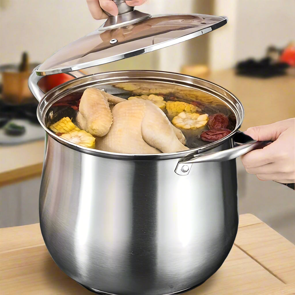 A large-capacity stainless steel soup pot with a matching lid, featuring sturdy handles for easy lifting and a polished finish, ideal for preparing soups, stews, and broths.
