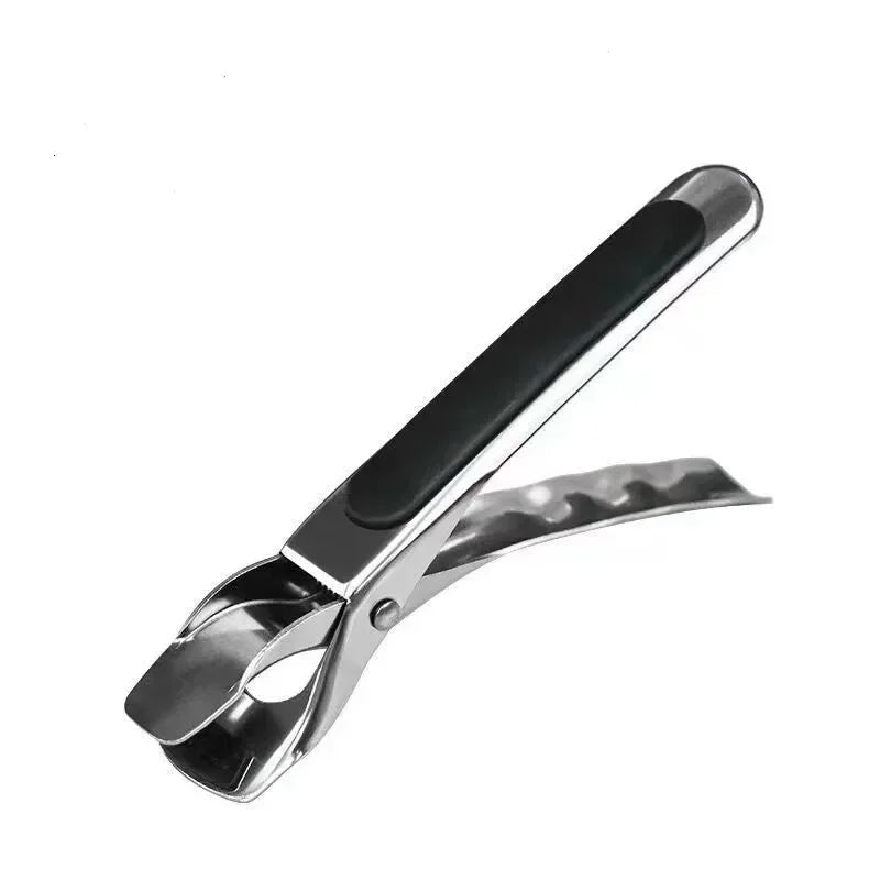 Stainless steel anti-scalding clip with heat-resistant silicone handle, designed to securely grip and lift hot bowls, plates, and pans from microwaves, ovens, or stovetops, ensuring safe handling and preventing burns.