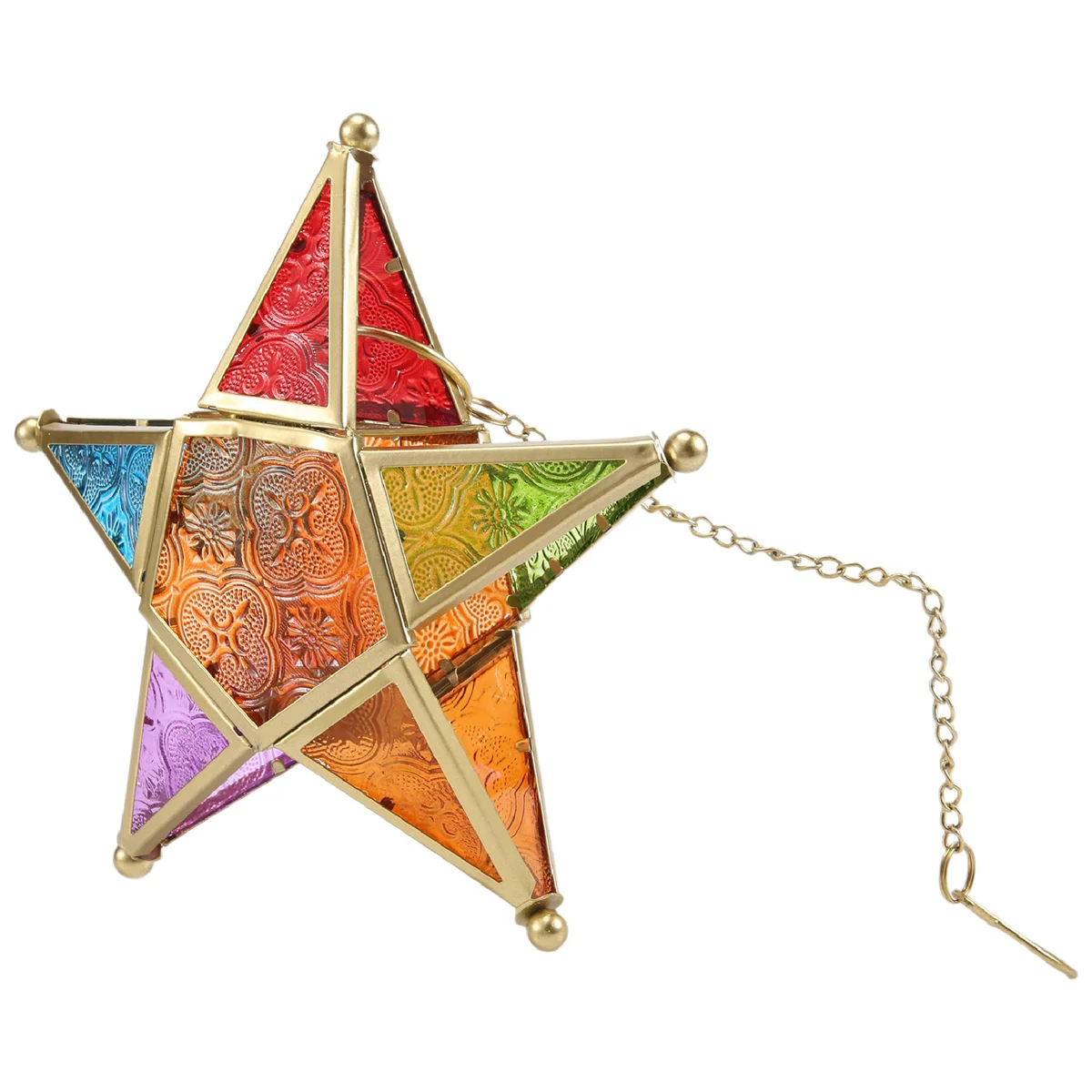 A beautifully designed star-shaped embossed colored glass lantern with a multicolored pattern and a hinged door, perfect for home and garden decoration. Made of glass and iron, it measures 200x55x200mm with a 160mm chain for hanging.
