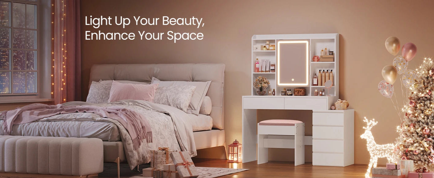A modern vanity table featuring a sleek design, equipped with a built-in LED-lit mirror offering adjustable brightness settings. The table includes multiple drawers and shelves for organized storage of cosmetics and accessories, complemented by a smooth tabletop for a stylish and functional addition to any bedroom or dressing area.