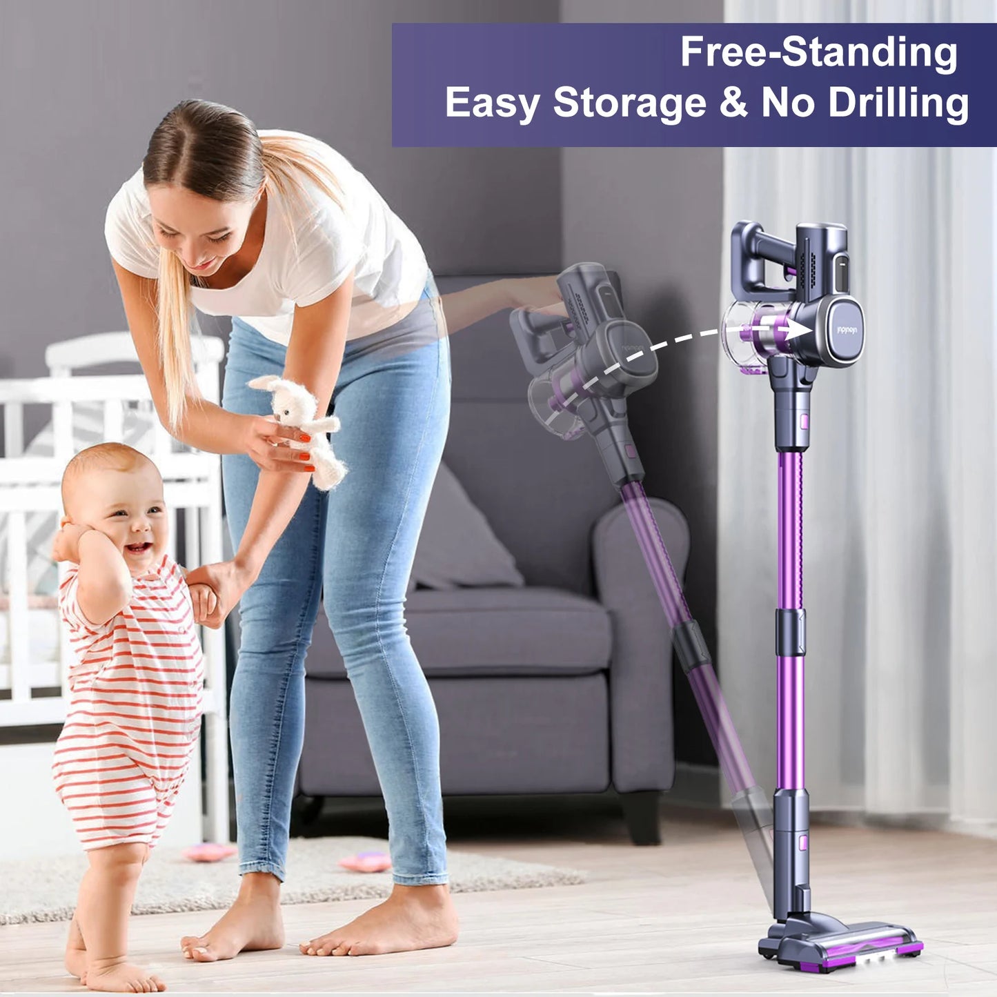 A high-efficiency vacuum cleaner designed for deep cleaning carpets and hard floors, featuring a HEPA filter and multiple suction settings