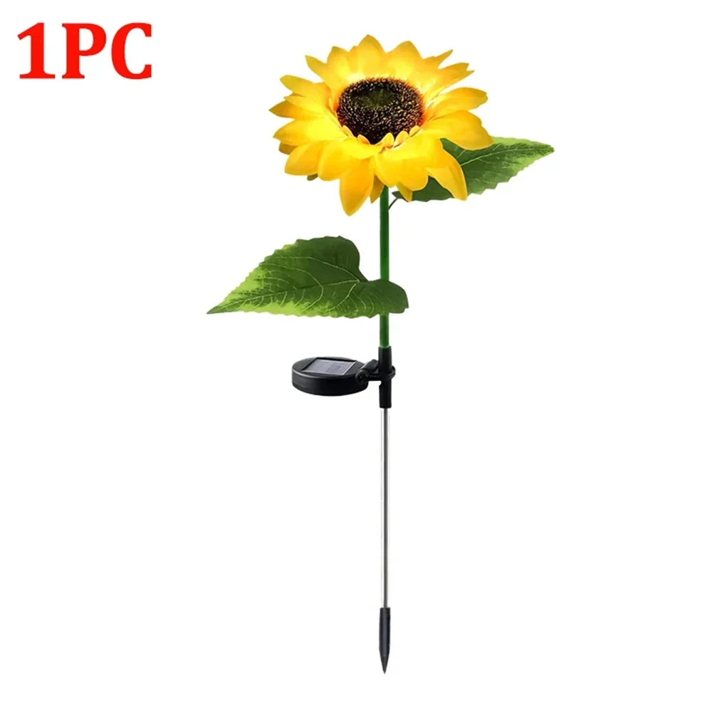 Solar-powered LED lights designed to resemble sunflowers, featuring realistic petals and leaves. These decorative lights harness sunlight during the day to illuminate gardens, pathways, or patios at night, adding a charming and eco-friendly touch to outdoor spaces
