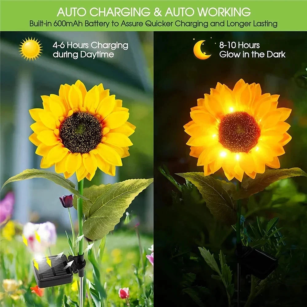 Solar-powered LED lights designed to resemble sunflowers, featuring realistic petals and leaves. These decorative lights harness sunlight during the day to illuminate gardens, pathways, or patios at night, adding a charming and eco-friendly touch to outdoor spaces