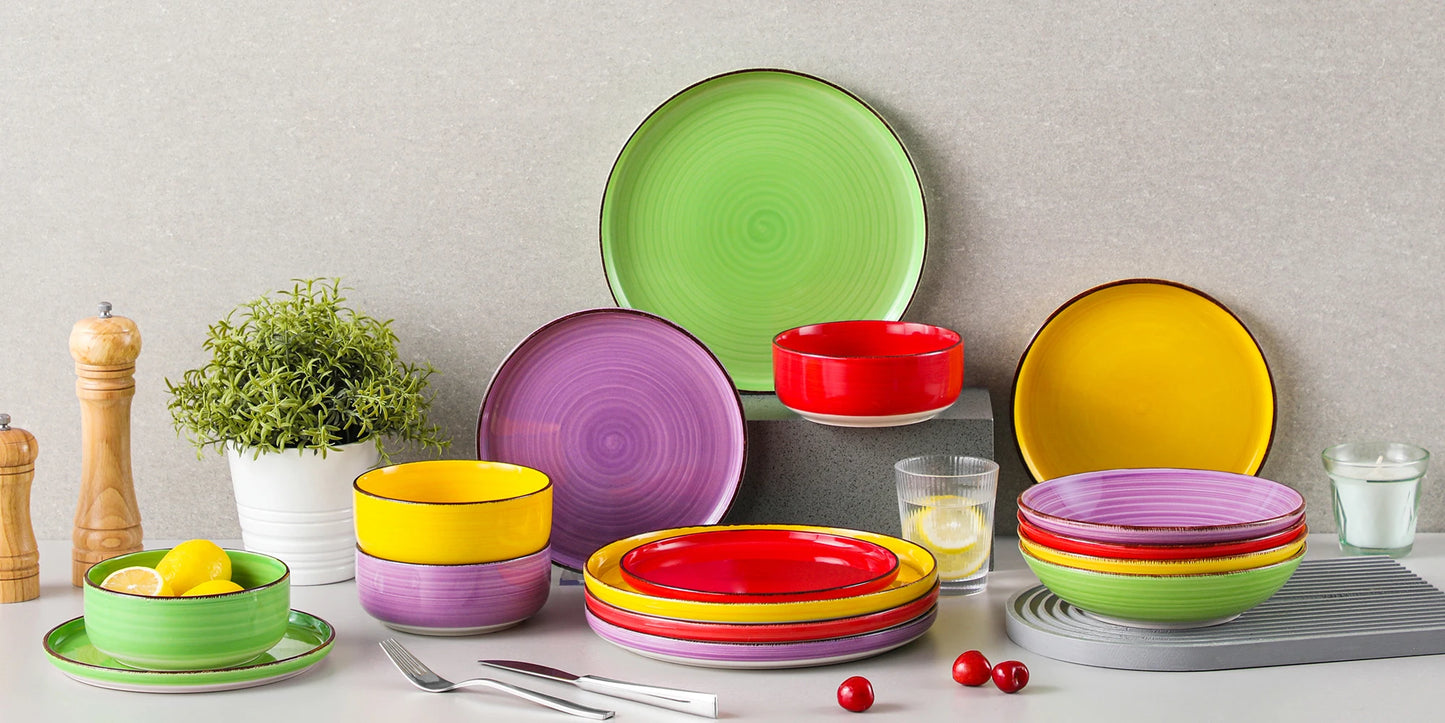 A multicolor ceramic plate set is a collection of dining plates crafted from high-quality ceramic material, featuring a variety of vibrant colors and patterns. These sets are designed to add a touch of elegance and liveliness to your dining experience, making them perfect for both everyday use and special occasions