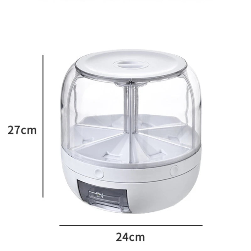 A 360-degree rotating rice dispenser featuring multiple compartments for organized storage of various grains. Its transparent design allows for easy monitoring of contents, while the rotating mechanism provides convenient access to each compartment, making it a practical addition to any kitchen.