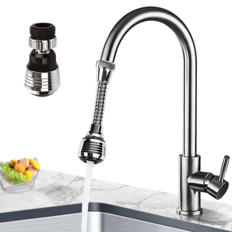 Flexible faucet extension with 360-degree rotation, allowing adjustable water flow direction for enhanced sink accessibility