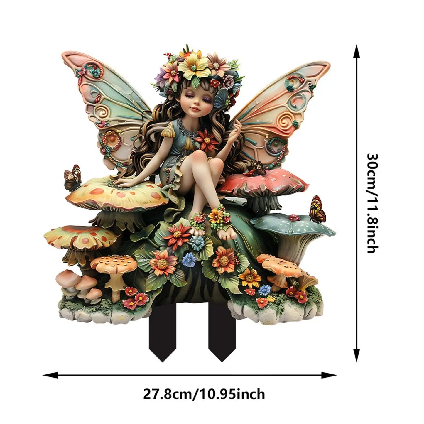 A delicate fairy figurine crafted from high-quality resin, featuring intricate detailing and a hand-painted finish. The figurine depicts a graceful fairy with translucent wings, poised elegantly on a floral base, adding a touch of enchantment to any space.