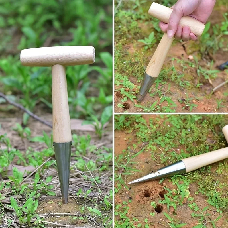 A T-shaped hole puncher seeder made of stainless steel, featuring a wooden handle; designed to create precise holes in soil for planting seeds or bulbs; ensures accurate seed placement and depth for optimal growth