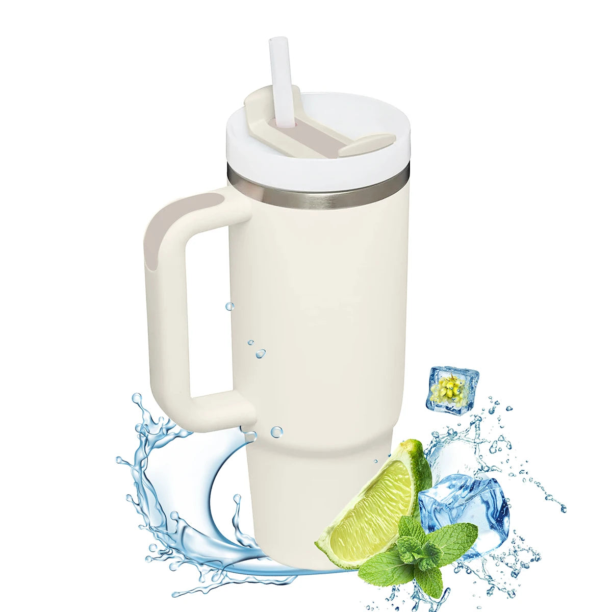 40oz stainless steel insulated tumbler with handle, featuring double-wall vacuum insulation to keep drinks hot or cold for hours. Includes a lid and straw, designed for on-the-go use and fits most car cup holders.
